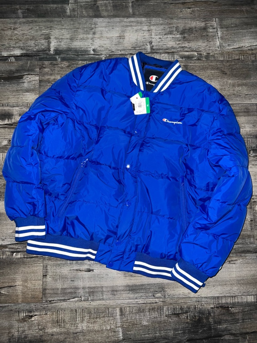 Champion Men’s Bright Royal Blue Bomber Jacket with Striped Trim